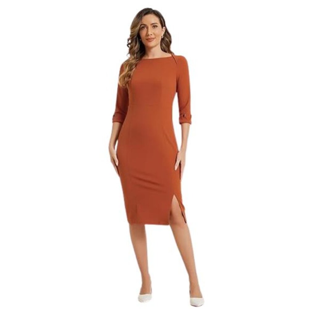 Allegra K Elegant Boat Neck 3/4 Sleeves Midi Split Sheath Dress - Women's M